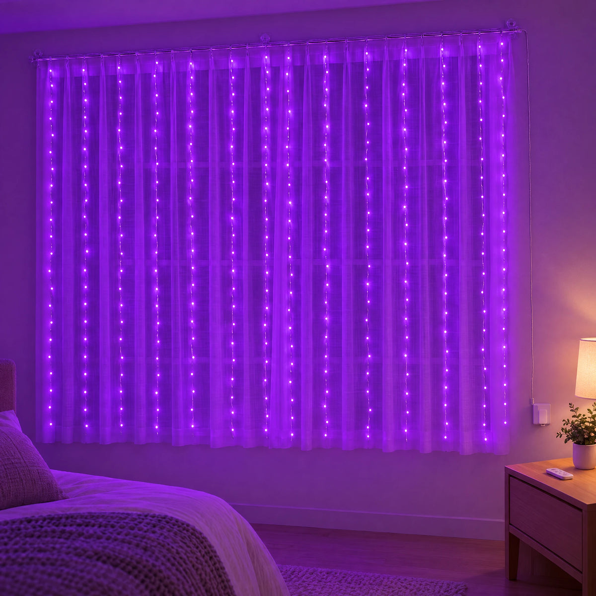 Waterfall Curtain LED Fairy Lights in 6 Colors, USB or Solar Powered - Purple - [Hook Model] 118.11*78.74 in 200 Lights (Remote Control USB Model)