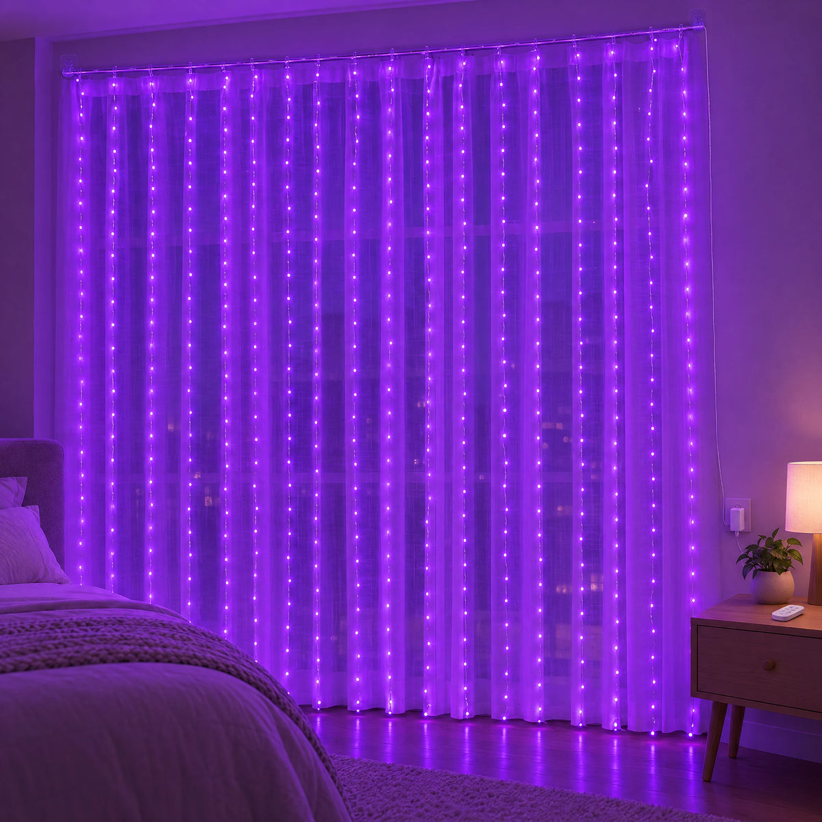 Waterfall Curtain LED Fairy Lights in 6 Colors, USB or Solar Powered - Purple - [Hook Model] 118.11*118.11 in 300 Lights (Remote Control USB Model)
