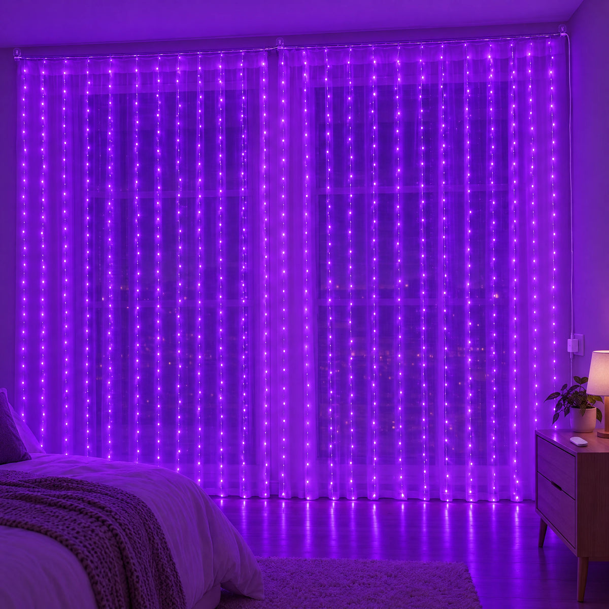 Waterfall Curtain LED Fairy Lights in 6 Colors, USB or Solar Powered - Purple - [Hook Model] 236.22*118.11 in 600 Lights (Remote Control USB Model)